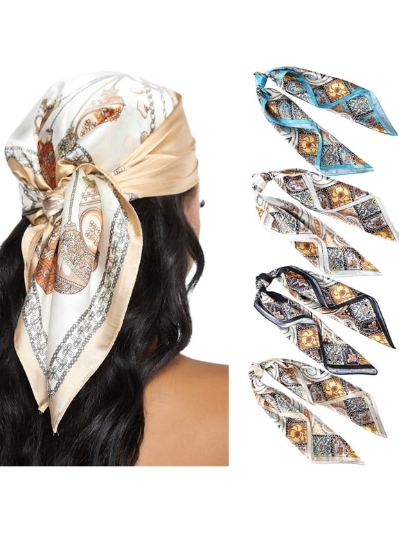 Silk Scarves 4 Pcs Satin Square Head Scarves 60cm Women Print Silk Like Neck Scarf Hair Sleeping Wraps Hair kerchief