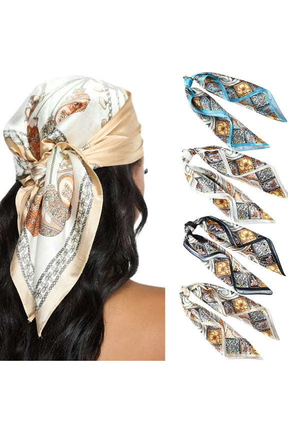 Silk Scarves 4 Pcs Satin Square Head Scarves 60cm Women Print Silk Like Neck Scarf Hair Sleeping Wraps Hair kerchief