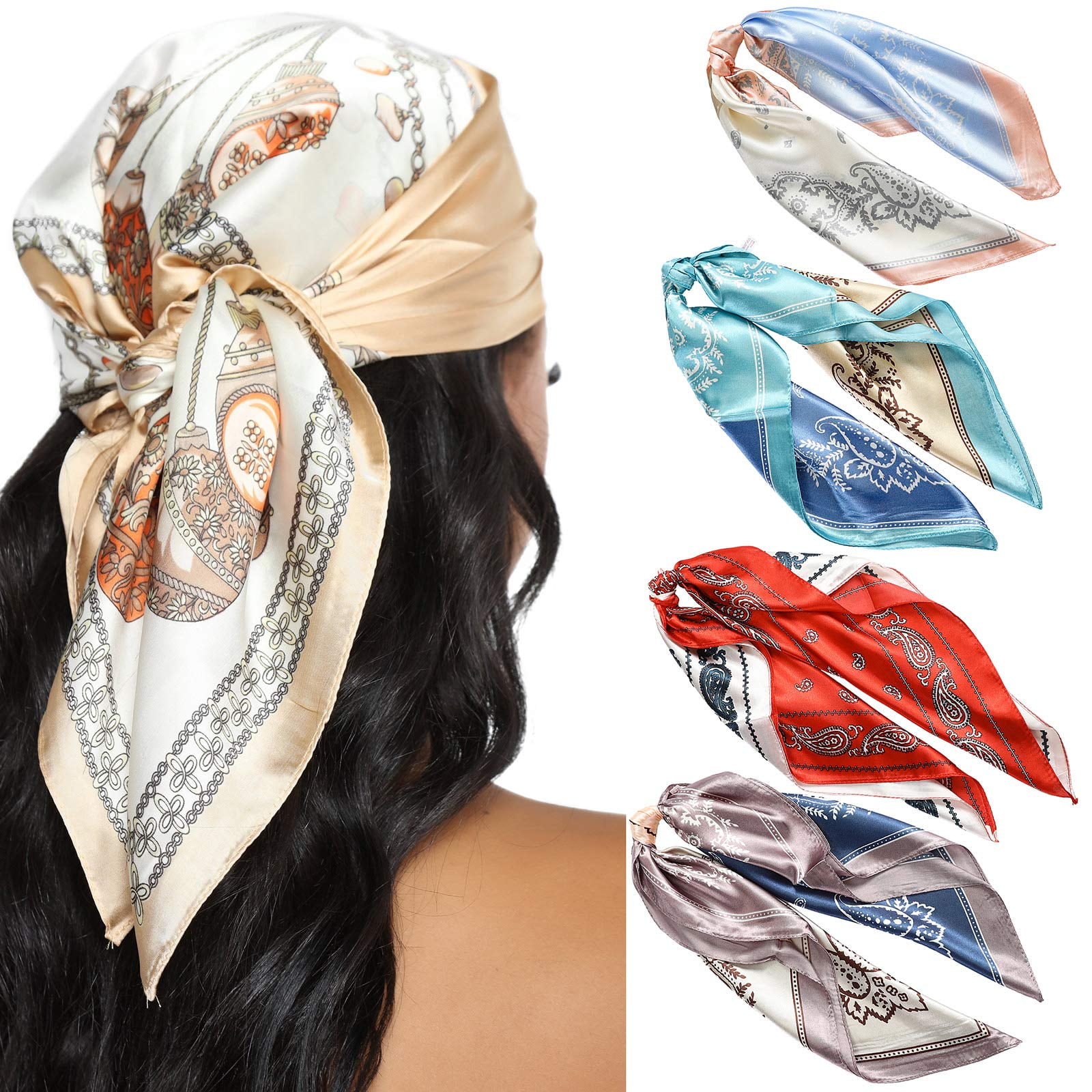 AWAYTR 35” Satin Large Square Head Scarves - 4pcs Silk Like Neck Scarf Hair Sleeping Wraps Satin Silk Scarfs for Women