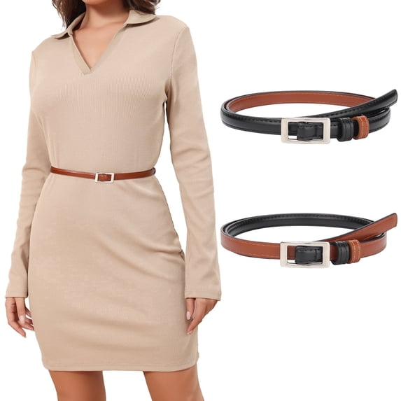 AWAYTR Skinny Reversible Faux Leather Belt for Women, Hole-Free Design Gold Buckle, Thin Waist Belt for Jeans Dress Casual Formal Outfits