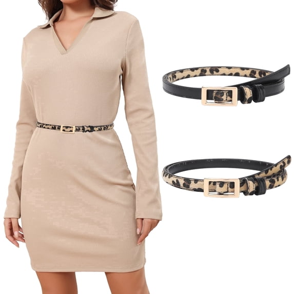 AWAYTR Skinny Reversible Faux Leather Belt for Women, Hole-Free Design Gold Buckle, Thin Waist Belt for Jeans Dress Casual Formal Outfits