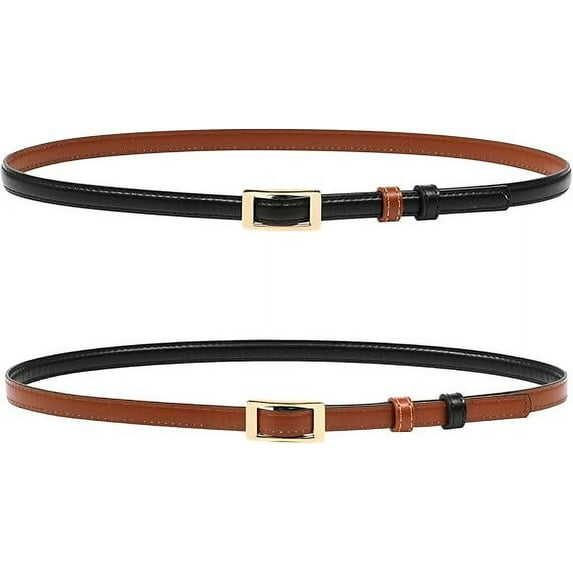AWAYTR Women Skinny Belt Reversible Leather Belt - No Hole Belt Thin Waist Belt with Gold Buckle