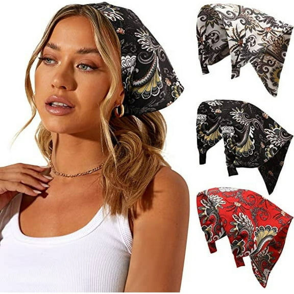 AWAYTR Women Floral Elastic Hair Scarf Headband 3Pcs Chiffon Boho Head Kerchief Vintage Triangle Scarf Hair Bandanas