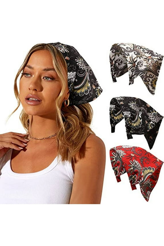 Women Floral Elastic Hair Scarf Headband 3Pcs Chiffon Boho Head Kerchief Vintage Triangle Scarf Hair Bandanas
