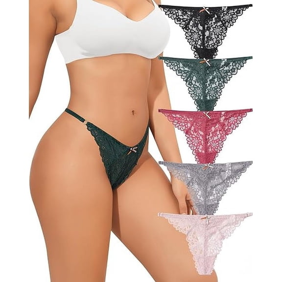 AWAYTR Women Lace Underwear Sexy Bikini Panties Lace Underwear Seamless Thongs Cheeky Briefs 5 Pack S-XL