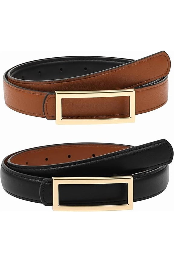 Women Reversible Leather Belt - Two-in-One Women Skinny Belt for Causal Jeans