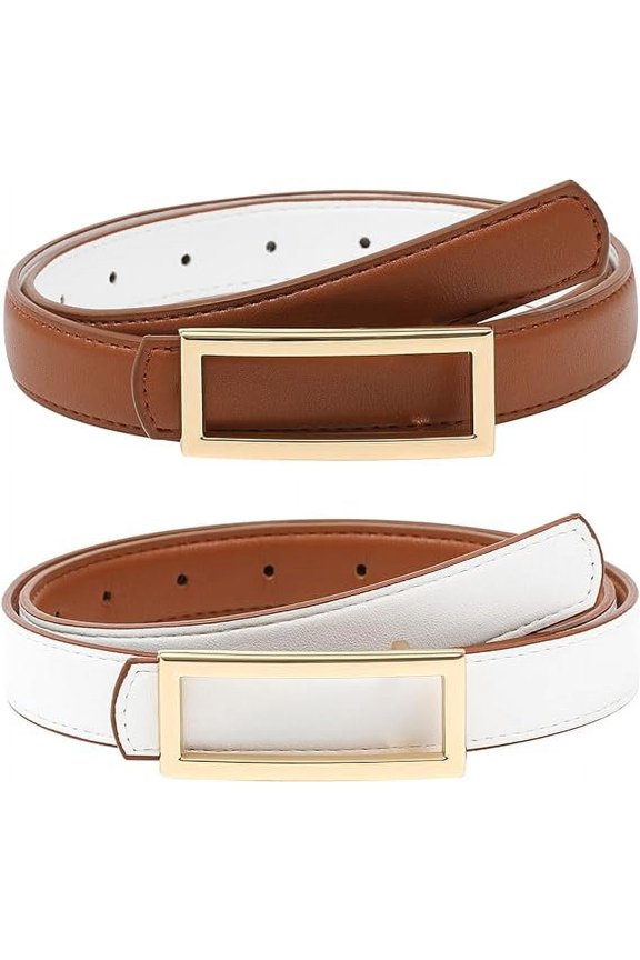 Women Reversible Leather Belt - Two-in-One Women Skinny Belt for Causal Jeans