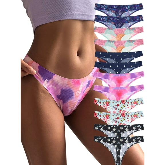 AWAYTR Women Seamless Thongs No Show Underwear Printed Cheeky Tagless T-Back 12 Packs S-XL