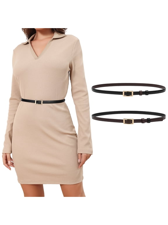 Women Skinny Belt Reversible Leather Belt - No Hole Belt Thin Waist Belt with Gold Buckle