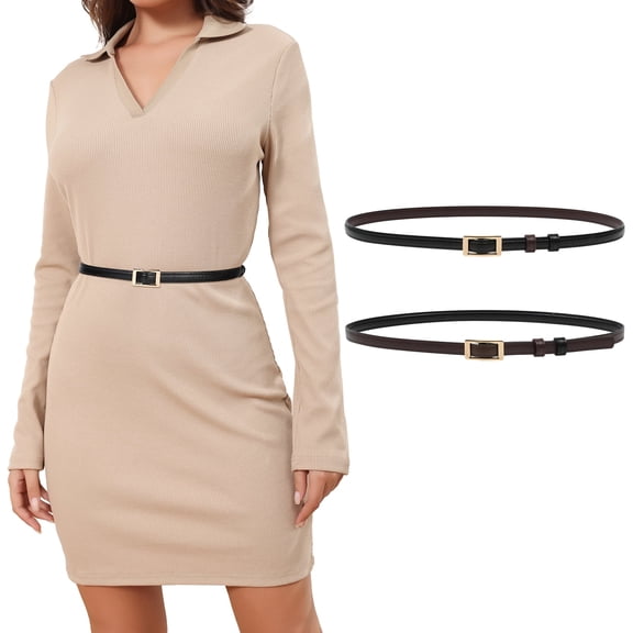 AWAYTR Women Skinny Belt Reversible Leather Belt - No Hole Belt Thin Waist Belt with Gold Buckle