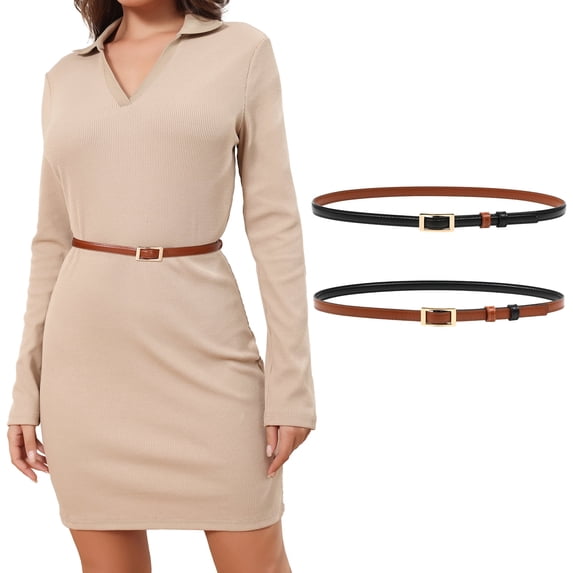 AWAYTR Women Skinny Belt Reversible Leather Belt - No Hole Belt Thin Waist Belt with Gold Buckle
