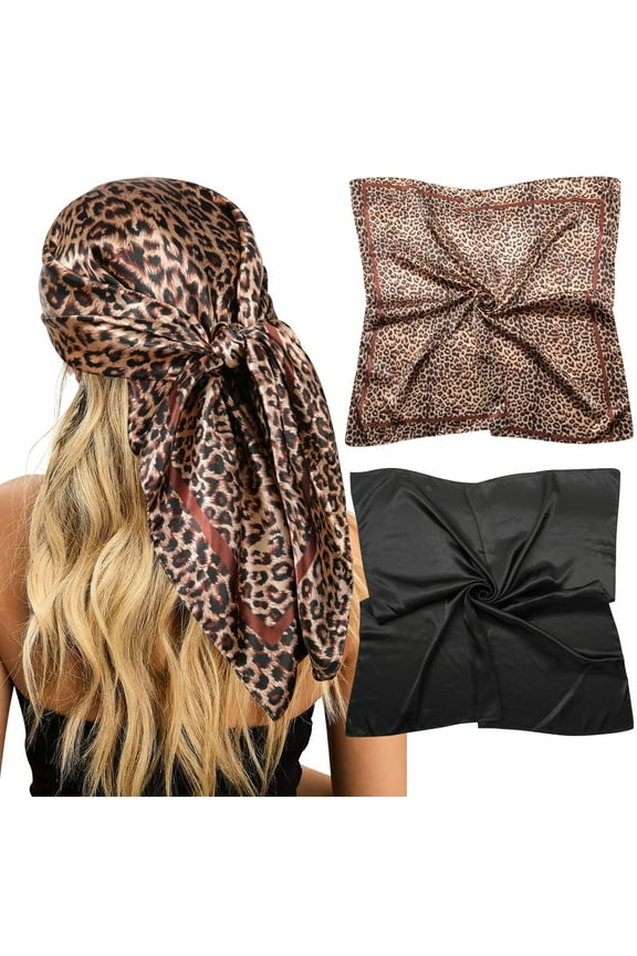 Women's Satin Silk Like Floral Head Square Scarves, 2 Piece
