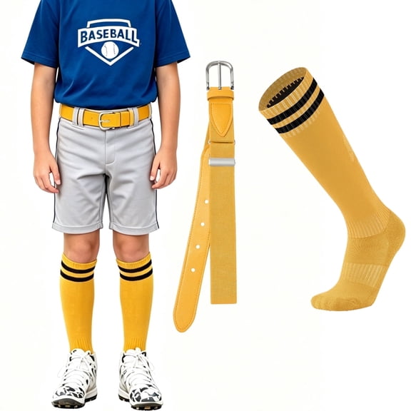 AWAYTR Adjustable Elastic Youth Baseball Belt and Socks Set, Gold Yellow