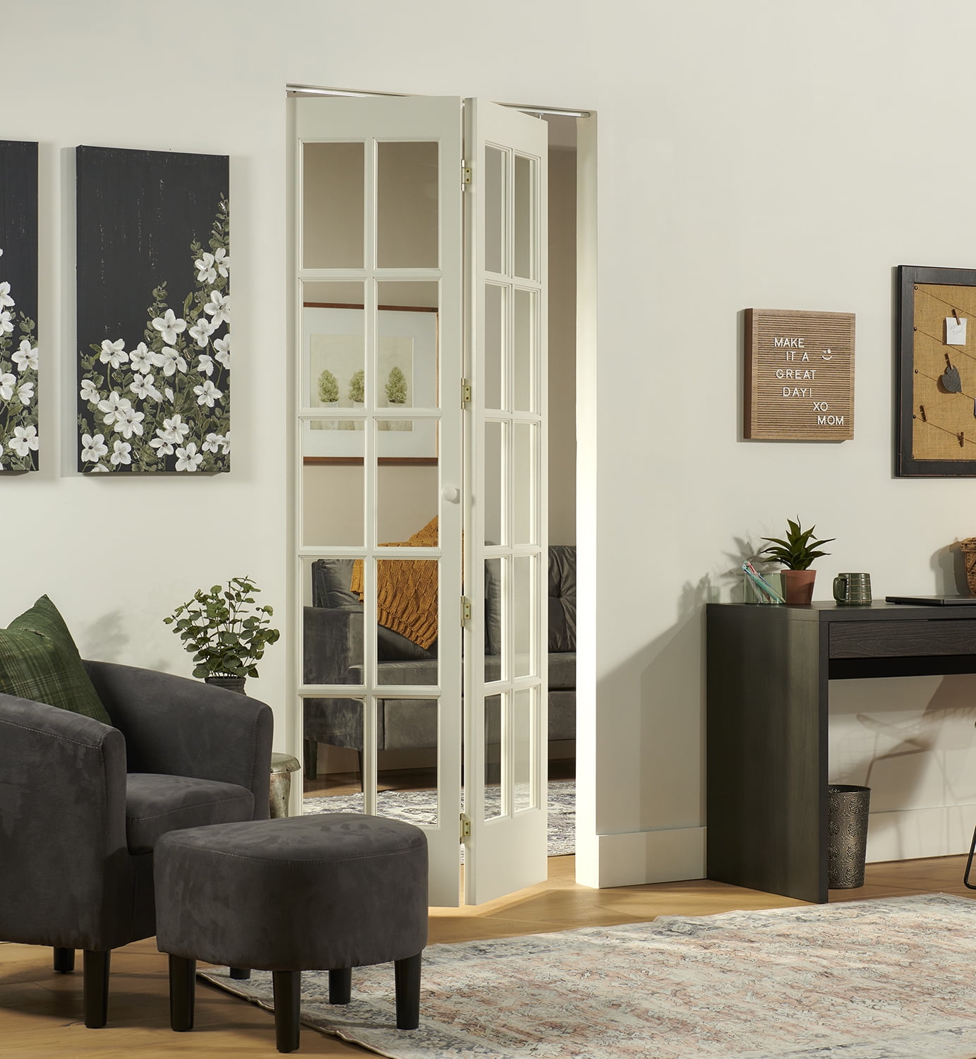 Classic French Unfinished Pine Wood Bifold Door with Glass Panels