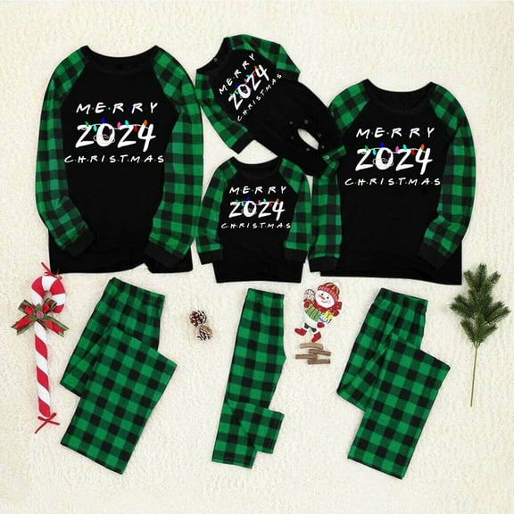 AWCHIC Merry Christmas 2024 Letter Print Matching Family Chritmas Pajamas Sets, Green Plaid, Baby 3-6 Months