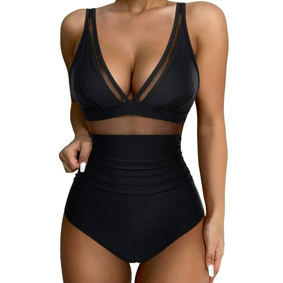 AWCHIC Women's Solid Color One-Piece Swimsuit Sexy Mesh Tummy Control High Waisted Swimwear, Size M-2XL