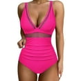 thumbnail image 1 of AWCHIC Women's Solid Color One-Piece Swimsuit Sexy Mesh Tummy Control High Waisted Swimwear, Size S-2XL, 1 of 7