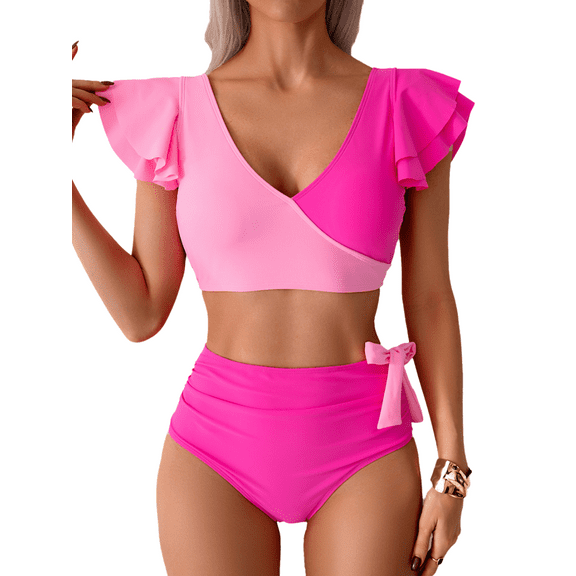 AWCHIC Women's Two-Piece Bikini Set Ruffle Sleeve V-Neck Backless Swim Top & Side Tie Tummy Control Bikini Bottoms, Size S-2XL