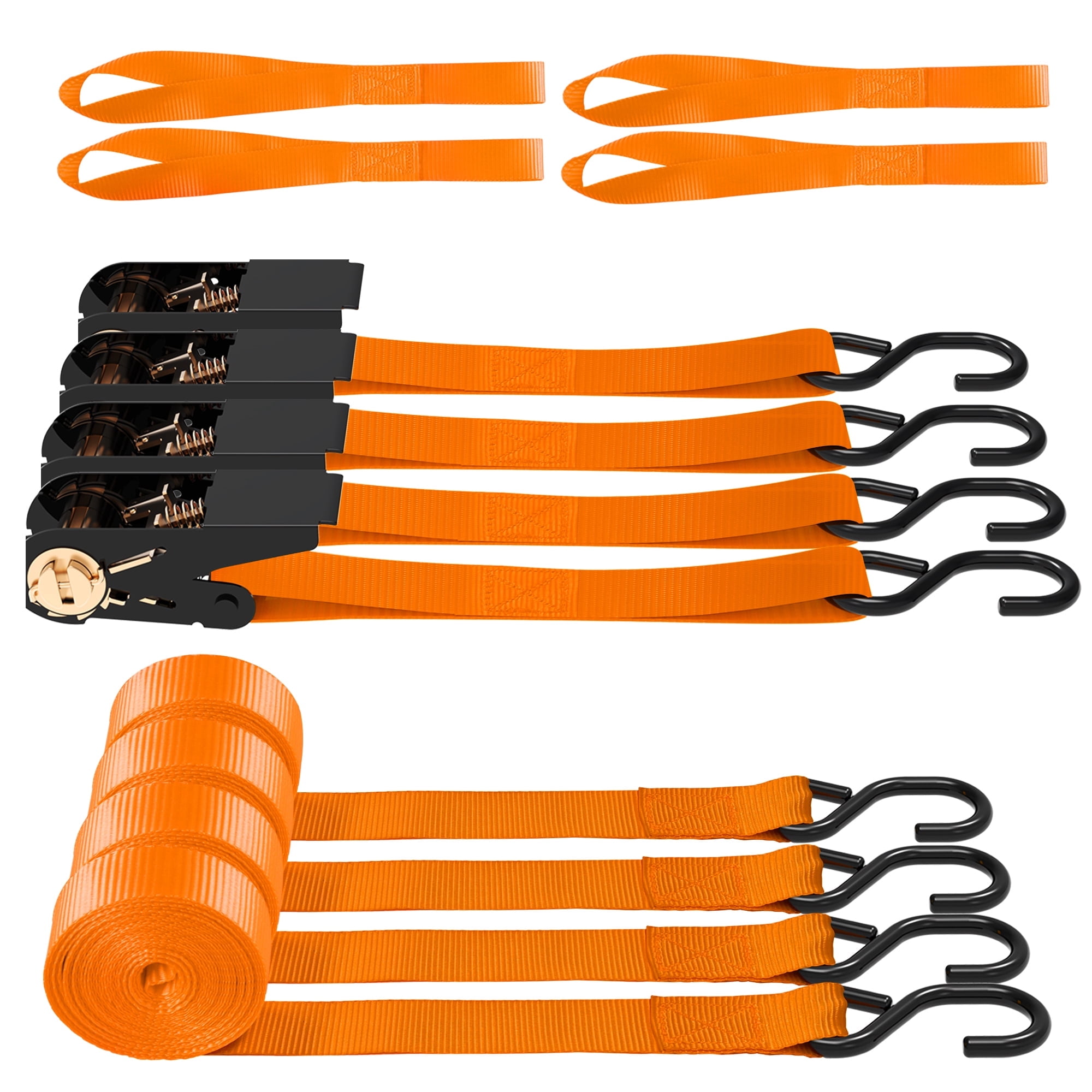 AWELCRAFT 1500 lb Premium 15ft Tie-Down Ratchet Straps with ''S" Hooks, 4-Pack Orange