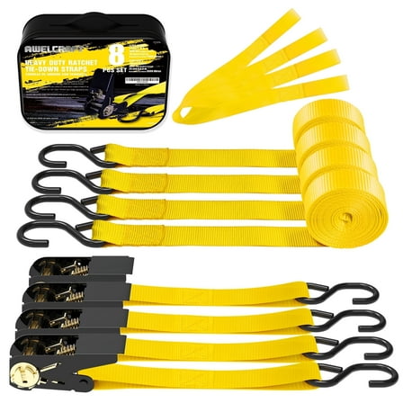 AWELCRAFT Adjustable Ratchet Straps for Moving, 4 Pack, 1500 lbs,Yellow