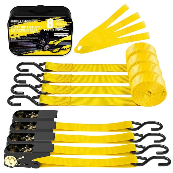 AWELCRAFT Adjustable Ratchet Straps for Moving, 4 Pack, 1500 lbs,Yellow
