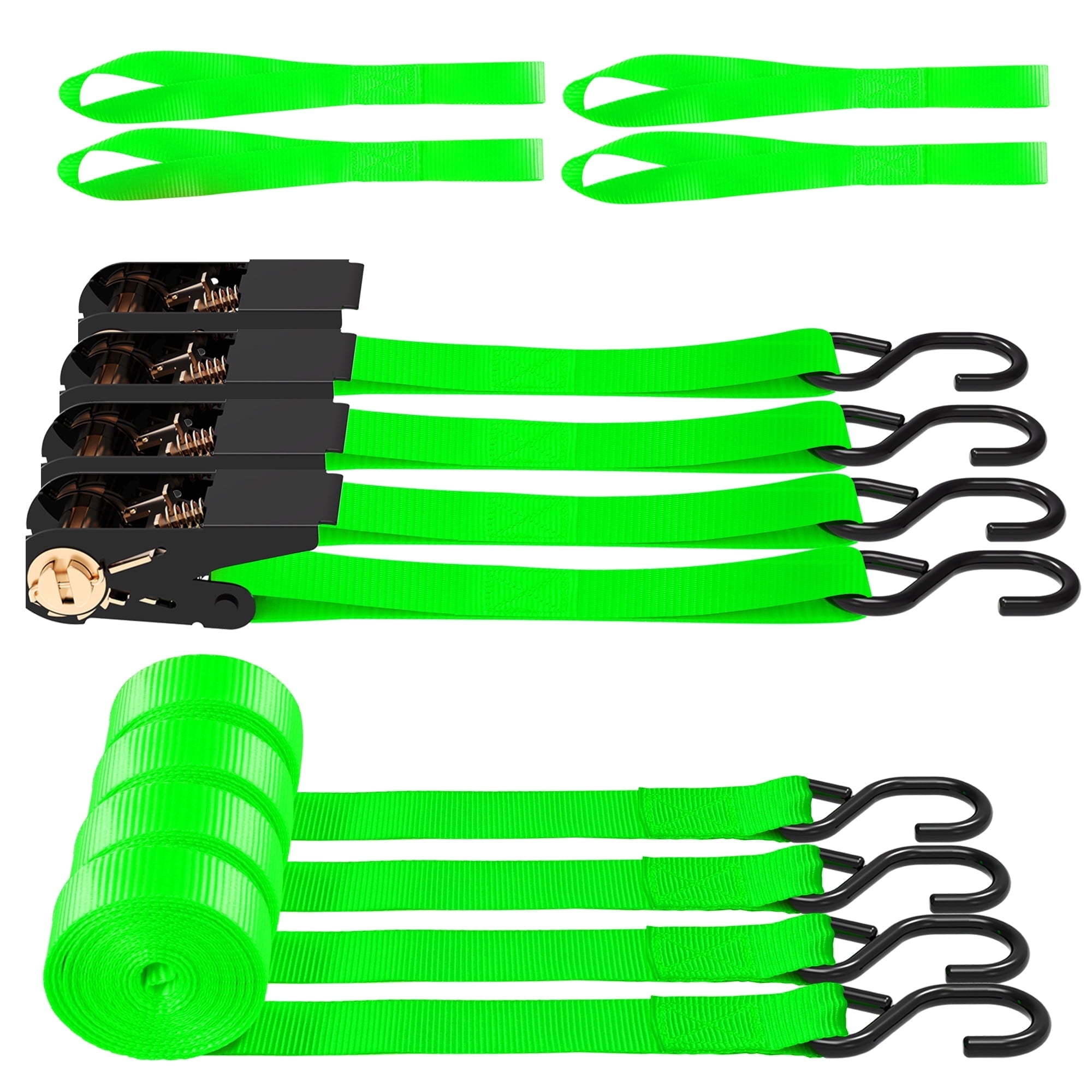 AWELCRAFT Tie-Down Ratchet Straps S-Hooks 1500 lb Load Capacity Green 4-Pack 1 Inch x 15 ft,Green