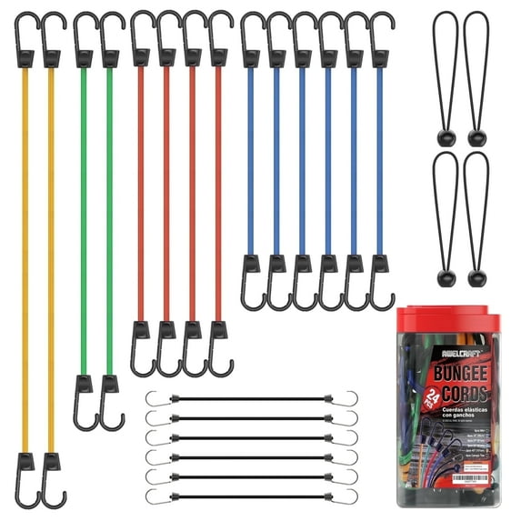 AWELCRAFT Bungee Cords Assorted Sizes, Cross-Woven Rubber and Latex with Plastic Hooks, 24 Piece Variety Pack