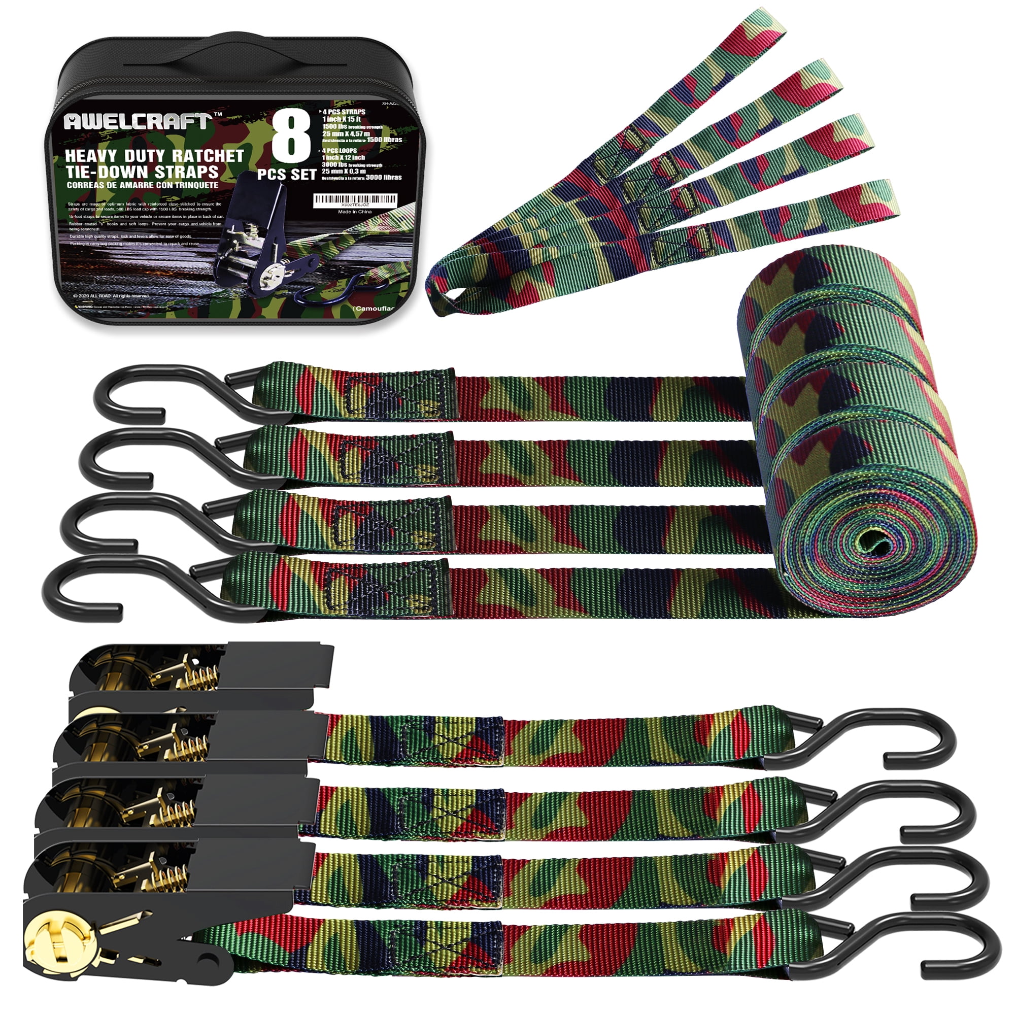 AWELCRAFT Ratchet Straps, 1500 lbs Breaking Strength Premium 4X 15ft Tie  Down Strap Set, 4X Soft Loops for Moving Appliances, Lawn Equipment,  Motorcycle (Camouflage)
