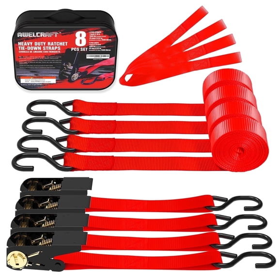 AWELCRAFT Tie-Down Ratchet Straps S-Hooks 1500 lb Load Capacity Red 4-Pack 15 ft