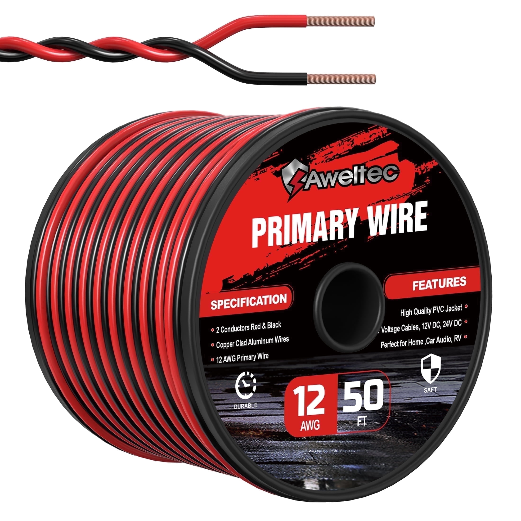 AWELTEC 12 Gauge 50 ft Electrical Wire for Home ,Car Audio, RV
