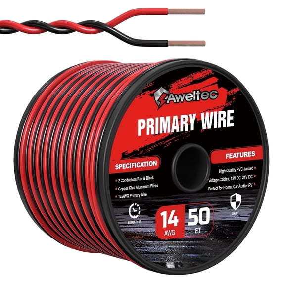 AWELTEC 14 Gauge 50 ft Black Copper-Clad Aluminum Electrical Wire,Low Voltage DC Cable for LED Strips, Automotive, Speaker, Trailer Wiring