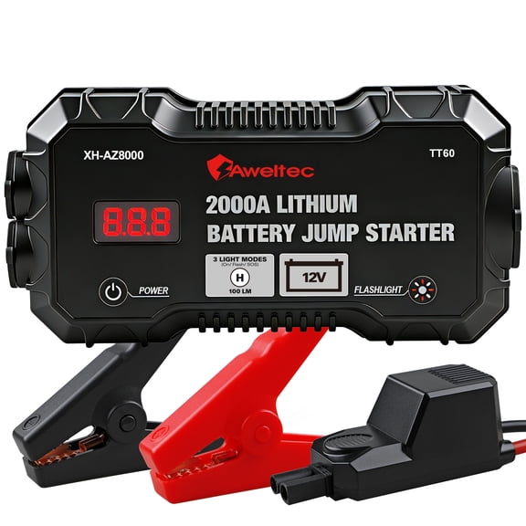 AWELTEC Car Jump Starter, 2000mA Peak Car Jumper Starter Battery with USB power bank, 12V Portable Jump Box with 3 Modes Flashlight and Jumper Cable