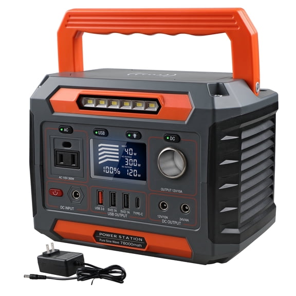 Portable Power Station 300W,78000Mah(288Wh) Lightweight Compact Solar Generator with AC DC USB Outlet,LED Light,Pass-Through Charging for Camping,Travel,Outdoors,Home Blackout