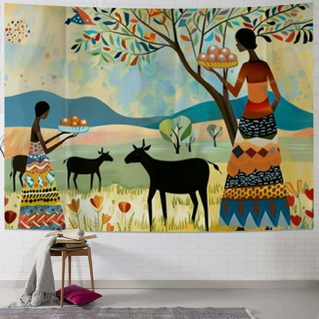 AWERP African Tapestry, Ethno Women in Mountain Range Landscape with ...