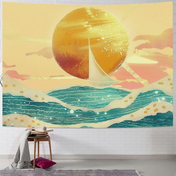 AWERP Boho Ocean Sunrise Tapestry Waves Mid Century Modern Style Tapestry Wall Hanging,Contemporary Wall Art Boho Prints Mountain Tapestry for Bedroom Living Room Dorm Tapestry Dorm Decor Painting