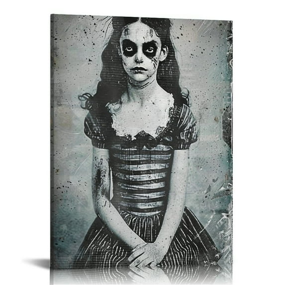 AWERP Creepy Vintage Goth Girl Photo - Scary Pictures - Ghost Decor - Gothic Wall Art Decorations - Pagan Gifts - Haunted Mansion - Satanic Demon Child Wall Decor - Goth Room Decor