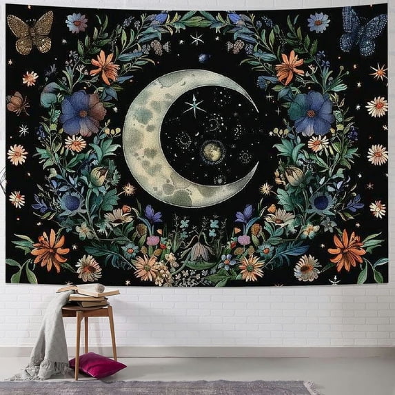 AWERP Moon Tapestry Plant Tapestry Boho Tapestry for Bedroom Butterfly Wall Tapestry Tapestries Aesthetic Tapestry for Bedroom Flower Dorm Decor Painting