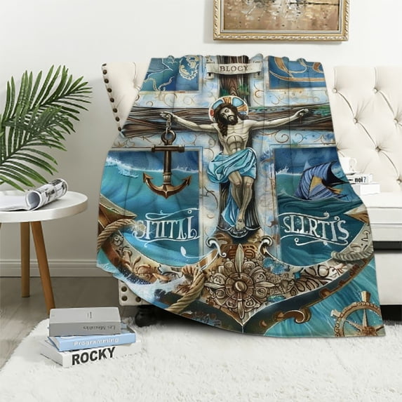 AWERP Nautical Christian Jesus Sea Turtle Decor Throw Blanket The Anchor of My Soul Blanket Gifts Warm Soft Plush Flannel Blanket for Adults Women