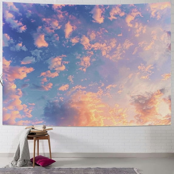AWERP Navy and Blush Tapestry King Size, Ethereal Sky View with Pinkish Clouds Setting Sun Scenic Tranquil View, Wall Hanging Bedspread Bed Cover Wall Decor, Pink Violet Blue Painting