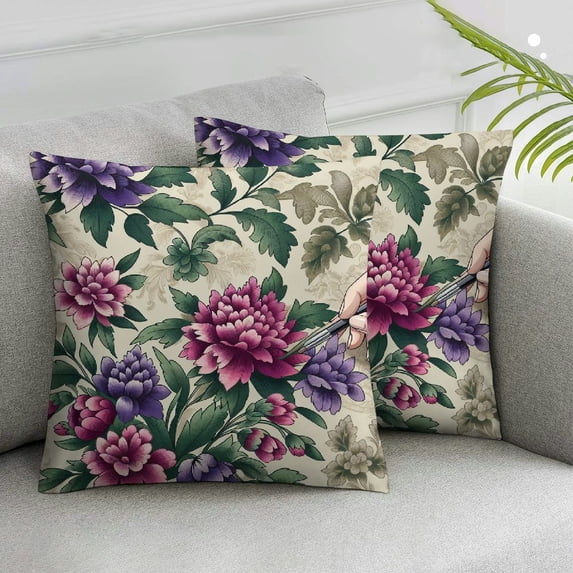 AWERP Purple Flowers Beautiful Floral Rose Leaves Pastel Color 2-Piece Plush Pillow Covers Set White