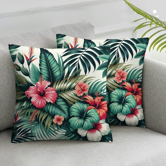 AWERP Summer Colorful Hawaiian Tropical Plants Hibiscus Flowers 2-Piece Short Plush Pillow Case Set White