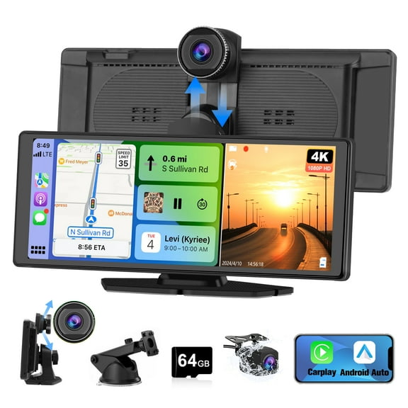 AWESAFE 10.26" Wireless CarPlay/Android Auto IPS Touchscreen Portable Car Stereo 4K Dash Cam 1080P Backup Camera GPS Navigation Mirror Link Bluetooth Voice Control