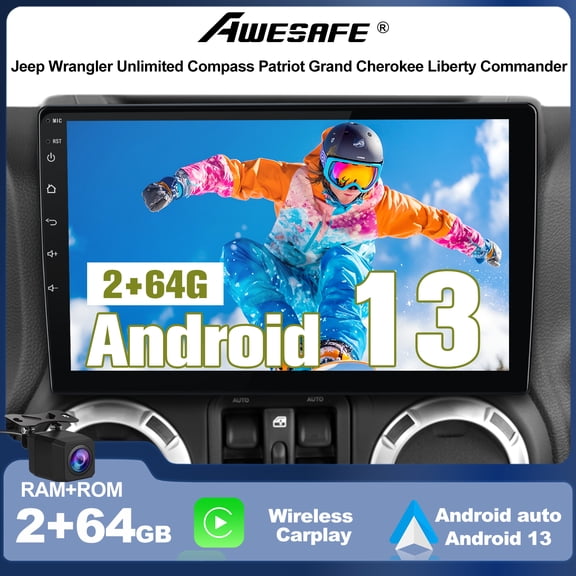AWESAFE Car Radio Stereo Upgrade for Jeep Wrangler JK 2007-2018 Dodge Ram Android 13 with Wireless CarPlay Android Auto Bluetooth WIFI FM Backup Camera