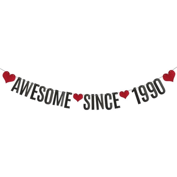 AWESOME SINCE 1990 Banner,Black Glitter Paper Banner for 35th Birthday Party Decorations Supplies,Pre-Strung, No Assembly Needed,Letters Black,