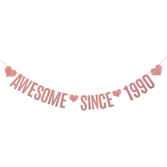 AWESOME SINCE 1990 Banner,Rose Gold Glitter Paper Banner for 35th Birthday Party Decorations Supplies,Pre-Strung, No Assembly Needed,Letters Rose Gold