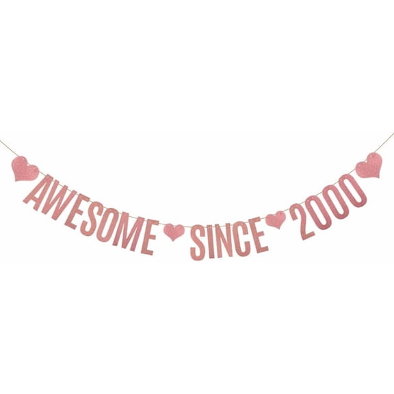 AWESOME SINCE 2000 Banner,Rose Gold Glitter Paper Banner for 25th Birthday Party Decorations Supplies,Pre-Strung, No Assembly Needed,Letters Rose Gold