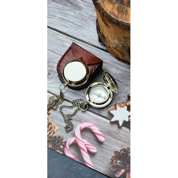 AWF Flat Decorative Compass Nickel Finish with Nautical Leather Case - Unique Brass Navigation Tool