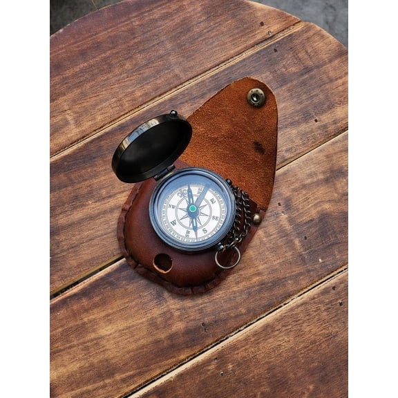 AWF Flat Decorative Compass with Wooden Case - Unique Brass Navigation Tool