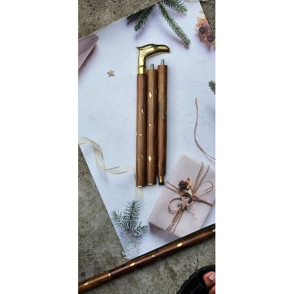 AWF Wooden Walking Stick with Unique Design Brass Handle - Giftf for Grandparents, 80th Birthday Gift