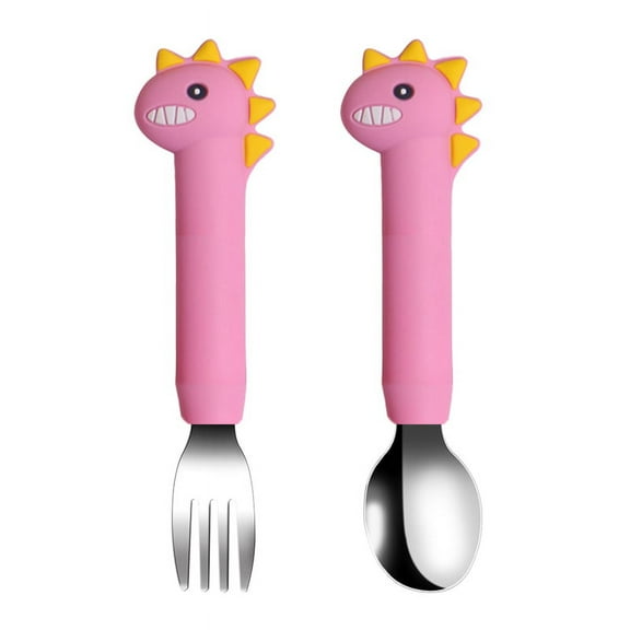 AWINNER Fork and Spoon Carnoon Set Baby Stainless Children Safe Utensil Set No BPA Spoons Flatware For Kids and Toddler - Long Pink
